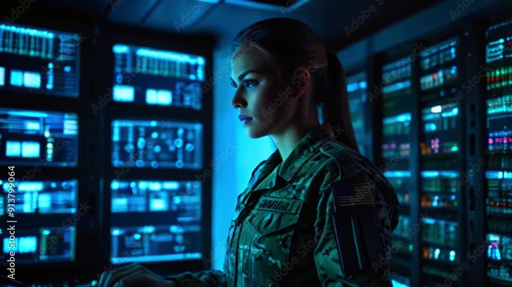 A female soldier in a dark room with blue screens and rows of computers. A female soldier in a dark room with blue screens and rows of computers.