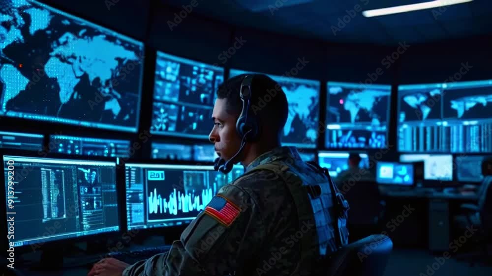 A soldier in uniform sits in front of a computer screen with maps of the world and data displayed. He is wearing a headset and looking at the screen intently, his hand on the mouse. A soldier in uniform sits in front of a computer screen with maps of the world and data displayed. He is wearing a headset and looking at the screen intently, his hand on the mouse.