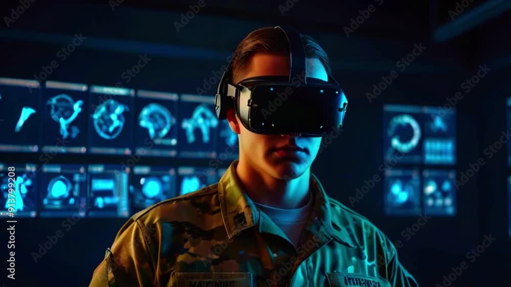 A soldier wearing a virtual reality headset in a dark room with blue lights and screens behind him.