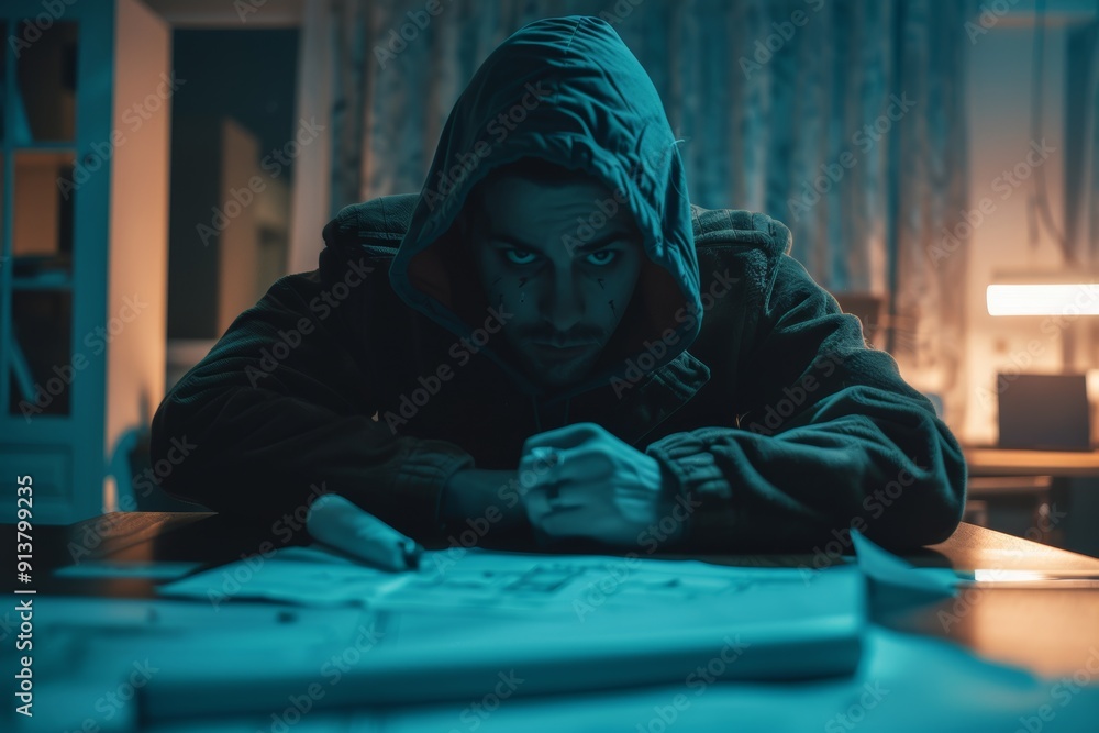 Intense Heist Planning: A Hooded Figure Analyzing Blueprints in a Dimly Lit Room for Crime Plot Intense Heist Planning: A Hooded Figure Analyzing Blueprints in a Dimly Lit Room for Crime Plot