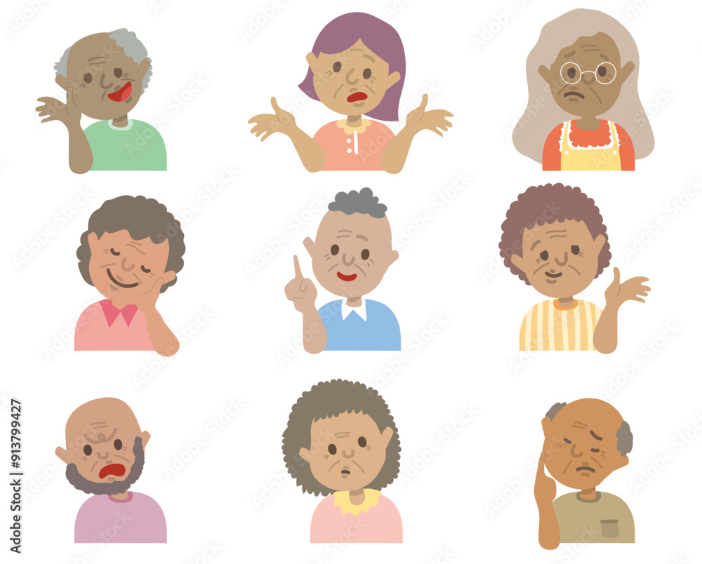 Hand drawn style old senior black character avatar. Comic African drawn people profile with variety facial emotions. Elder people face expression. Flat abstract line drawing style head vector. Hand drawn style old senior black character avatar. Comic African drawn people profile with variety facial emotions. Elder people face expression. Flat abstract line drawing style head vector.