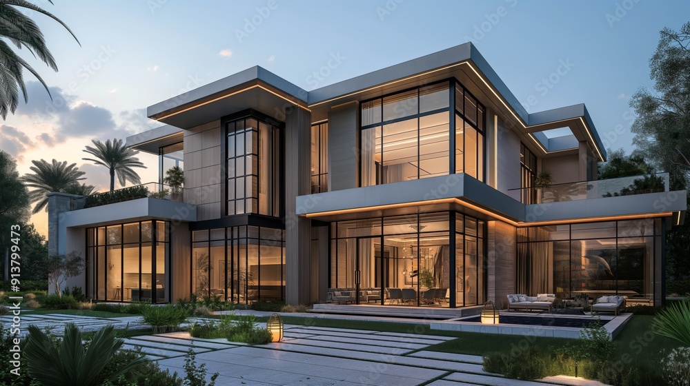 Fototapeta premium A luxurious contemporary mansion illuminated by the evening sun, offers a sleek, modern design nestled among lush palms.