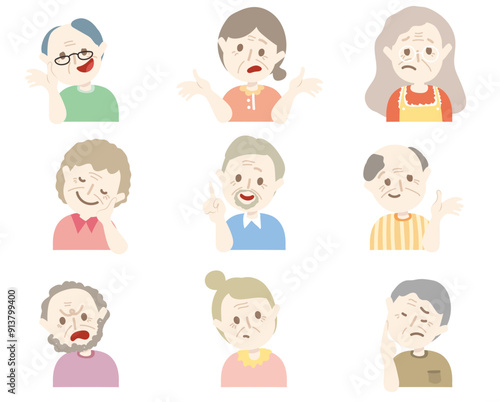 Comic style elder people character avatar. Colorful hand drawn ole people profile with variety facial emotions chat. 
Old senior face expression. Flat abstract line drawing style head vector. grand