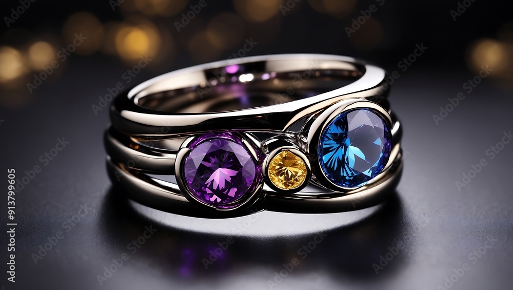 Two gold rings with gemstones, one with blue and purple stones, the other with white and red stones.
Two gold rings with gemstones, one with blue and purple stones, the other with white and red stones.