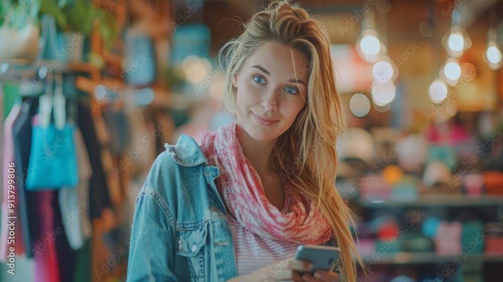 A woman, smiling, holds a cell phone in front of a store while looking at the camera A woman, smiling, holds a cell phone in front of a store while looking at the camera
