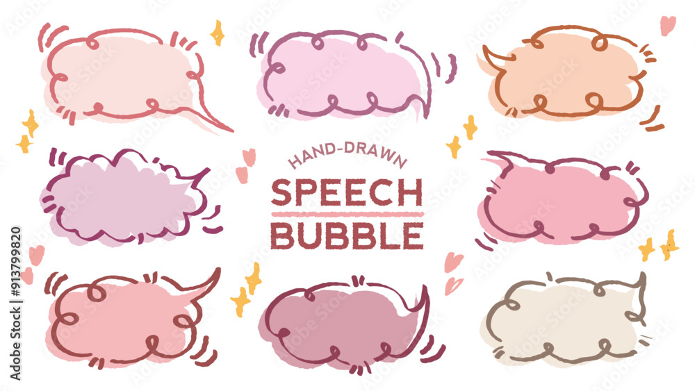 Collection of pink color cute dialog box. Hand drawn with crayon drawing memo sticker. Doodle style chat frame for text. Cartoon conversation balloon. Set of speech bubbles in flat for short message. 