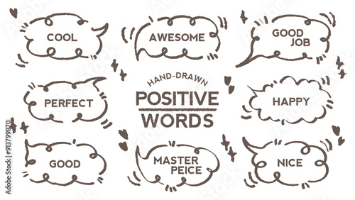 Set of positive words with speech bubble. Compliment phase in variety abstract shape memo box, chat frame. Hand drawn style with crayon cute stickers label praise message. Amazing, Good job, 
