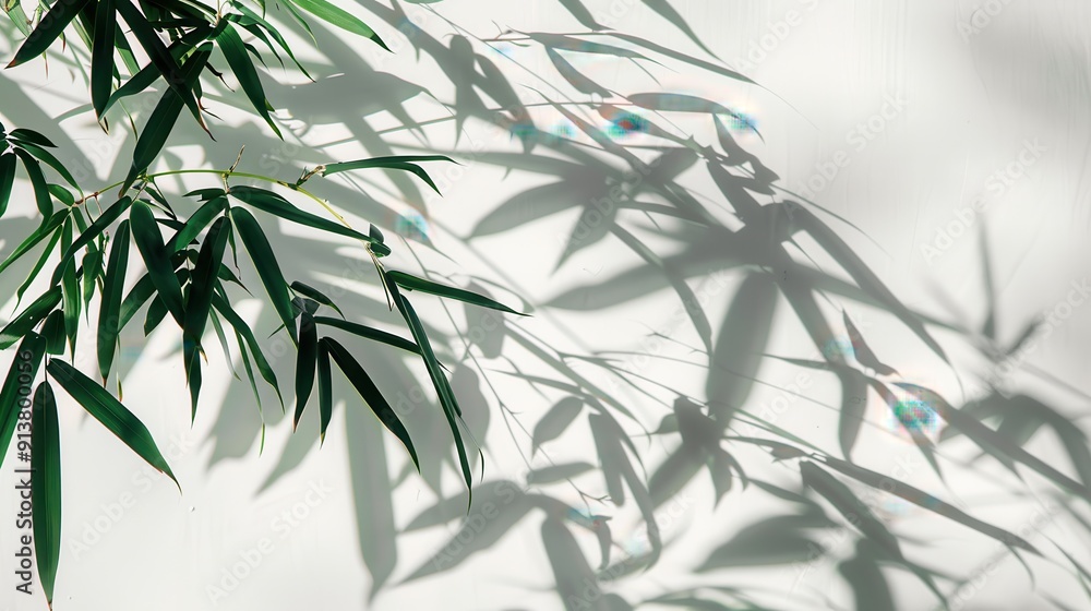 Fototapeta premium A close-up photograph captures the intricate shadows cast by green bamboo leaves on a smooth, white wall. The sunlight creates a striking contrast between the light and dark areas, highlighting the de