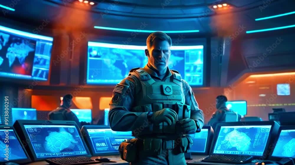 A man in tactical gear stands in a futuristic command center with multiple screens displaying maps and data. A man in tactical gear stands in a futuristic command center with multiple screens displaying maps and data.