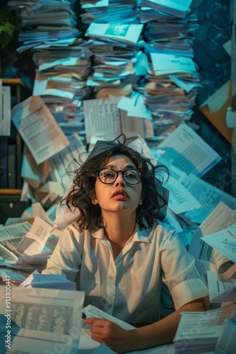 Overwhelmed Employee Buried in Paperwork Highlighting the Stress of a Toxic Work Culture