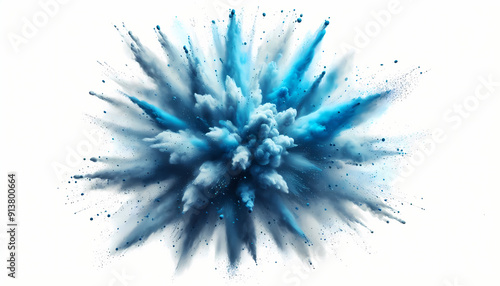 Dynamic blue powder burst on white backdrop. This graphic element captures a powerful explosion of blue, ideal for creating impactful visuals with a bold, energetic flair.