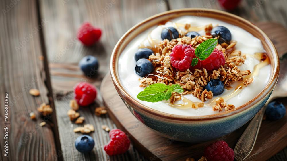 a bowl of creamy coconut milk yogurt, topped with fresh berries, granola, and a drizzle of honey, set on a wooden breakfast table a bowl of creamy coconut milk yogurt, topped with fresh berries, granola, and a drizzle of honey, set on a wooden breakfast table