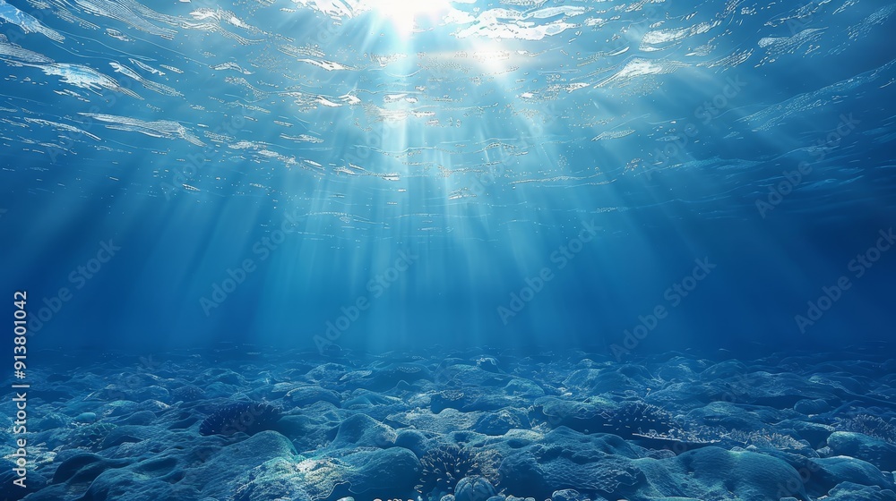 An underwater perspective of a coral reef with sunlight penetrating from surface to depth An underwater perspective of a coral reef with sunlight penetrating from surface to depth