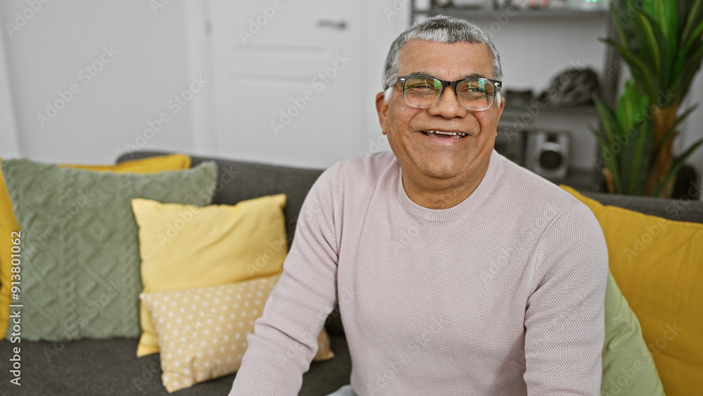 Smiling senior man with glasses seated comfortably at home on a couch with colorful cushions. Smiling senior man with glasses seated comfortably at home on a couch with colorful cushions.