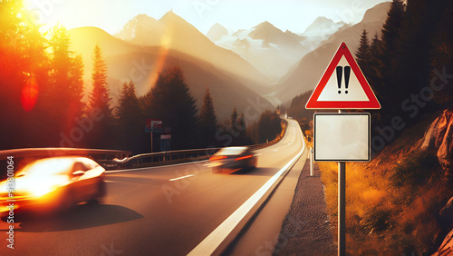 A high-speed highway in a picturesque mountainous area. There is a road sign on the side of the road warning about the speed limit