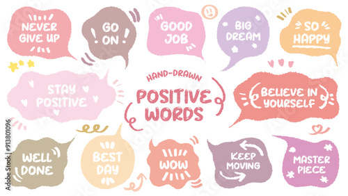 Set of positive words with colorful speech bubble. Compliment phase in variety abstract shape memo box, chat frame. Hand drawn style with crayon cute stickers label praise message. believe, moving on