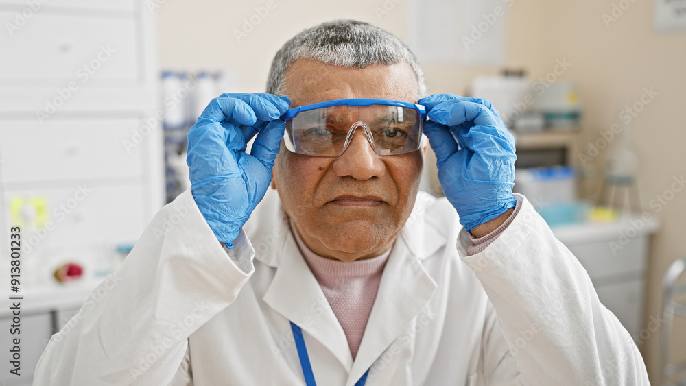 Naklejka premium A mature man scientist adjusts protective goggles in a laboratory setting.