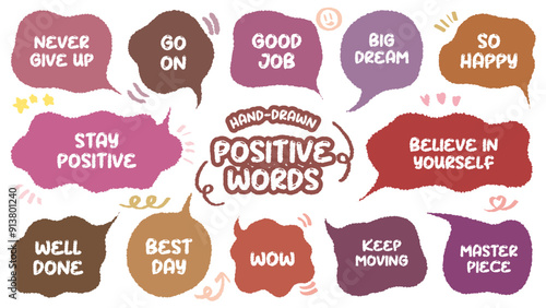Set of positive words with colorful speech bubble. Compliment phase in variety abstract shape memo box, chat frame. Hand drawn style with crayon cute stickers label praise message. believe, moving on