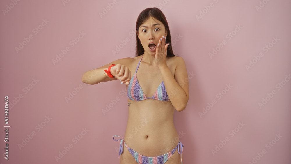 Obraz premium Young, chinese, woman looking shocked at her wristwatch while standing in a bikini over an isolated pink background