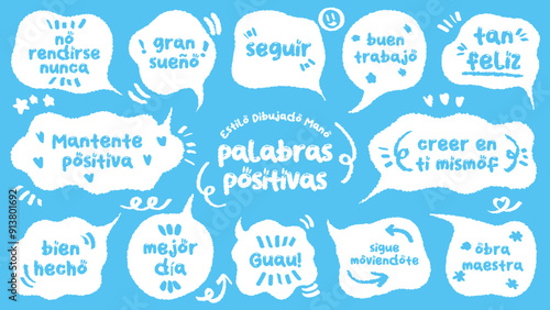 Comic style Spanish cute quote colorful speech bubble with positive words. Set of hand drawn memo frame with Spanish praise. Cartoon doodle crayon drawing cloud, box, message. Blue green Flat vector.