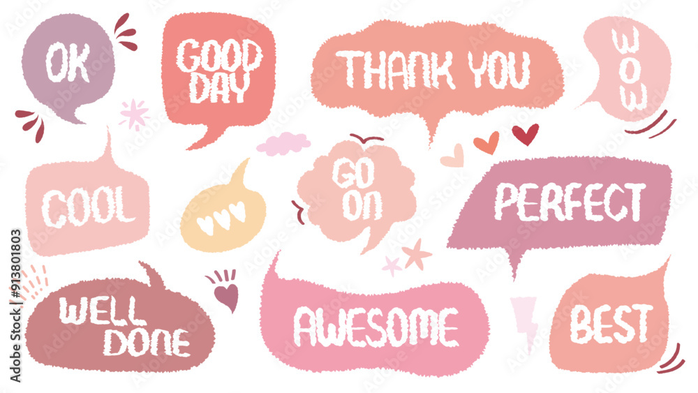 Comic style cute quote colorful speech bubble with positive words. Set of hand drawn memo frame. Cartoon doodle crayon drawing cloud, box, message. Flat vector. Best, Awesome, WOW, Go, Perfect, Good Comic style cute quote colorful speech bubble with positive words. Set of hand drawn memo frame. Cartoon doodle crayon drawing cloud, box, message. Flat vector. Best, Awesome, WOW, Go, Perfect, Good