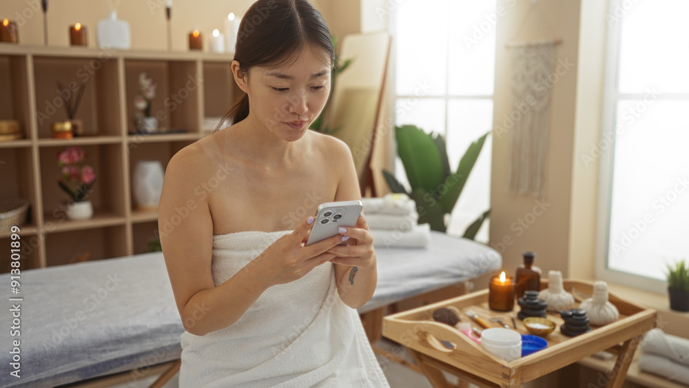 Young chinese woman in a spa wellness center checking her phone, surrounded by candles and spa items, creating a relaxing and tranquil indoor atmosphere. Young chinese woman in a spa wellness center checking her phone, surrounded by candles and spa items, creating a relaxing and tranquil indoor atmosphere.
