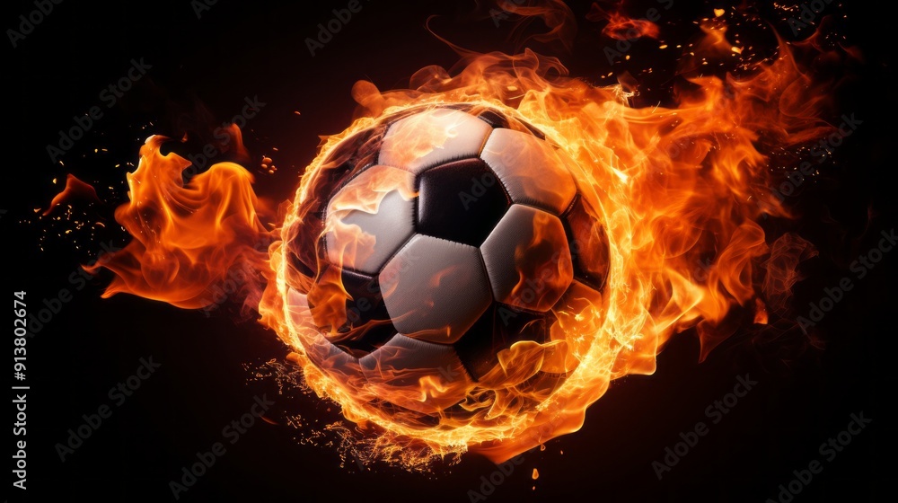 Fototapeta premium Dynamic soccer ball engulfed in fiery flames against black background, intense sports concept capturing energy, speed, and passion of the game in striking visual display.