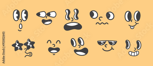 Set of Unique Cartoon Face Expressions with Different Emotions - Vector Illustration of Funny and Sad Faces with Sunglasses, Googly Eyes, and Various Mouths - Perfect for Emojis, Stickers, etc photo