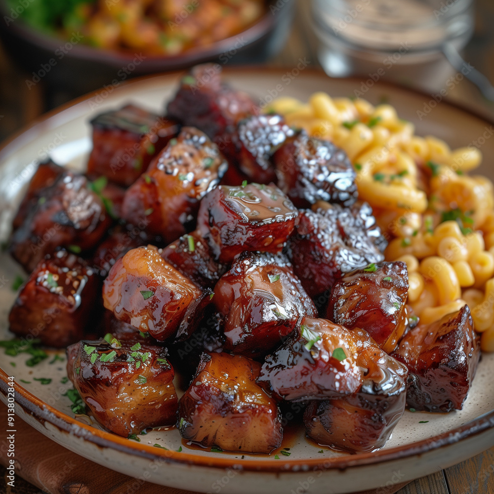 savory texas bbq burnt ends caramelized to perfection, paired with creamy macaroni and cheese, served on a rustic plate, ideal for a hearty meal savory texas bbq burnt ends caramelized to perfection, paired with creamy macaroni and cheese, served on a rustic plate, ideal for a hearty meal