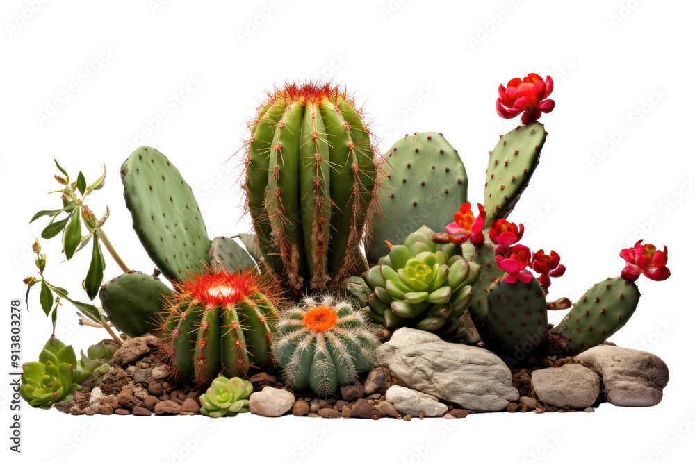 Opuntia cactus with other desert succulents isolated on white background. Opuntia cactus with other desert succulents isolated on white background.
