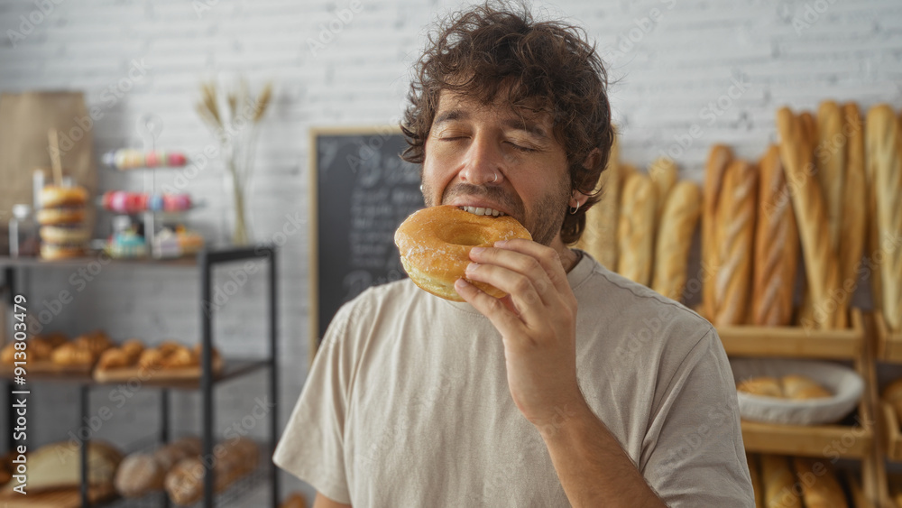 Handsome young man enjoying a fresh donut in a cozy bakery filled with various pastries and bread. Handsome young man enjoying a fresh donut in a cozy bakery filled with various pastries and bread.