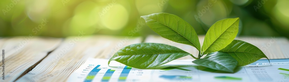 Green leaves on a business report with positive financial charts, sustainable finance, ecofriendly investment, copy space for text, Green leaves on a business report with positive financial charts, sustainable finance, ecofriendly investment, copy space for text,