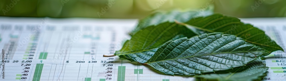 Fototapeta premium Leaves on a financial document with green graphs, sustainable investment, environmental growth, copy space for text,