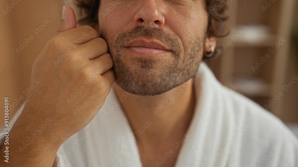 Young man in a white robe touching his face at a spa, showcasing a serene indoor beauty and wellness environment. Young man in a white robe touching his face at a spa, showcasing a serene indoor beauty and wellness environment.