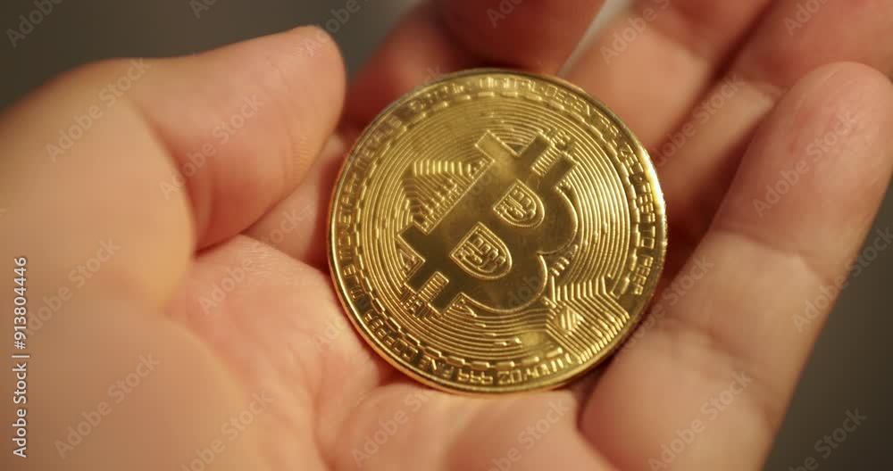 Flipping using her fingers, an individual is holding on to a piece of gold Bitcoin. Flipping using her fingers, an individual is holding on to a piece of gold Bitcoin.
