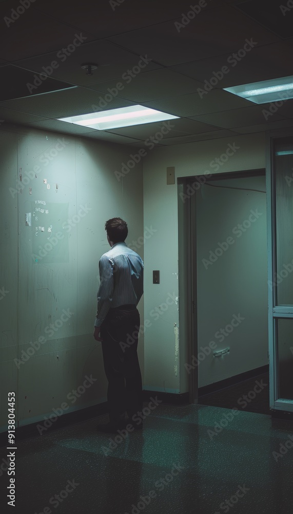 Fototapeta premium Solitary Employee in Dim Office Corner Illustrating Workplace Isolation and Pressure for Posters and Articles