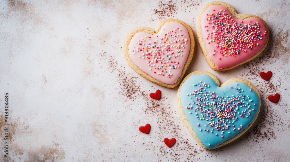 Obraz premium Heart-Shaped Cookies: Heart-shaped cookies with colorful icing and sprinkles.