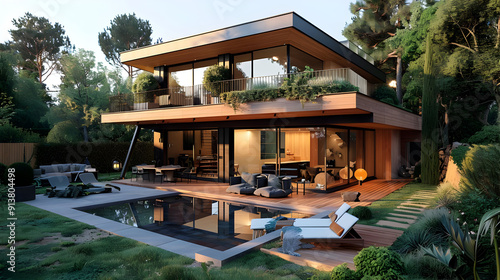 Modern House with Pool and Backyard Landscape 3D Illustration