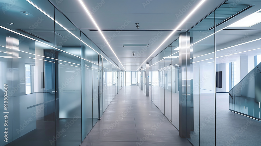 A photo of the interior space in a modern and minimalist style with glass walls and doors on both sides of an empty office corridor A photo of the interior space in a modern and minimalist style with glass walls and doors on both sides of an empty office corridor