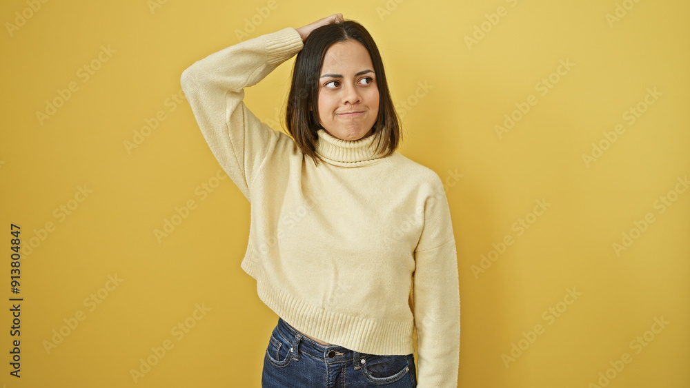 A young hispanic woman with a casual hairstyle poses confidently against an isolated yellow background, exuding beauty and charm. A young hispanic woman with a casual hairstyle poses confidently against an isolated yellow background, exuding beauty and charm.