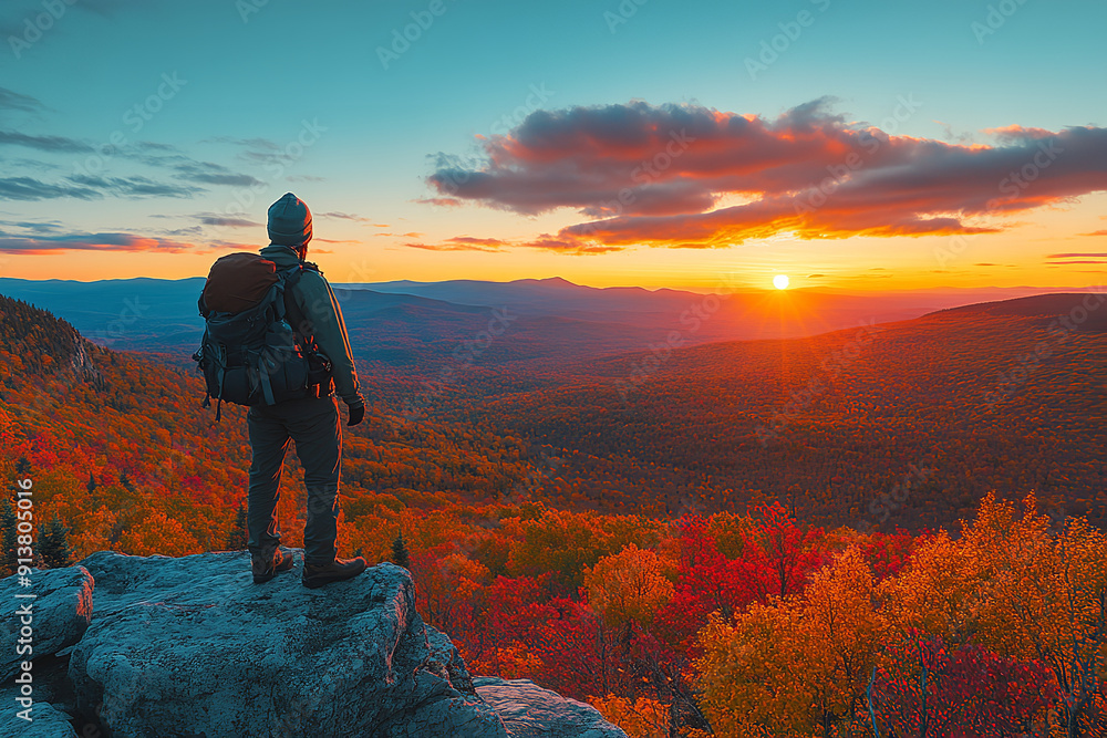 Fototapeta premium Hiker Enjoying a Stunning Autumn Sunset atop Mountain with Fall Foliage 