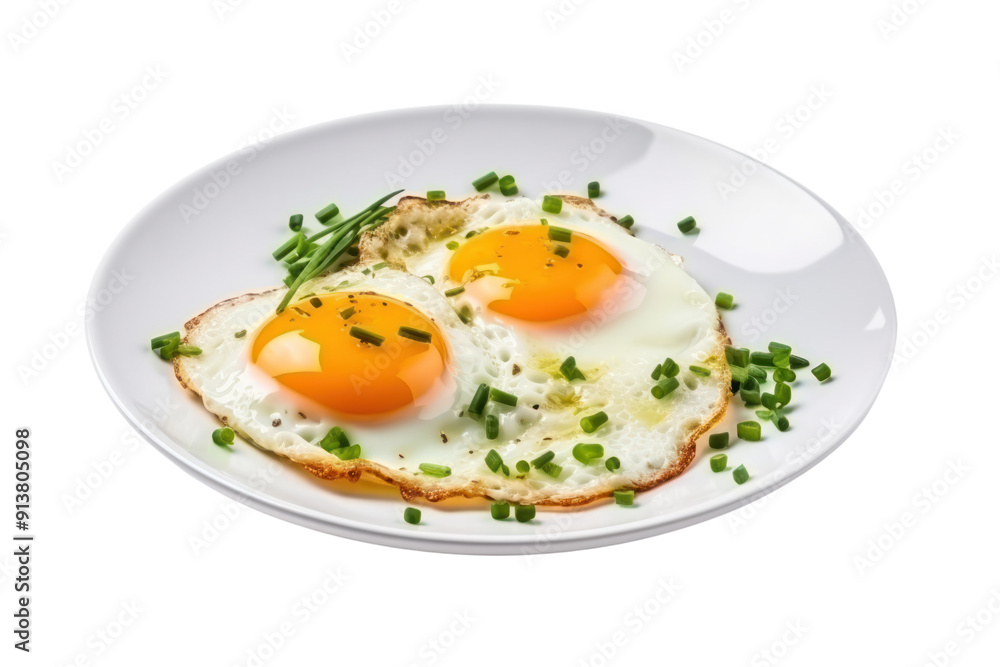Fried eggs are delicious when sprinkled with chopped spring onions, isolated on a white background. Fried eggs are delicious when sprinkled with chopped spring onions, isolated on a white background.