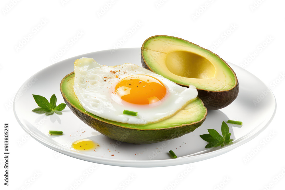 Fried eggs are delicious when served with avocado, isolated on a white background. Fried eggs are delicious when served with avocado, isolated on a white background.