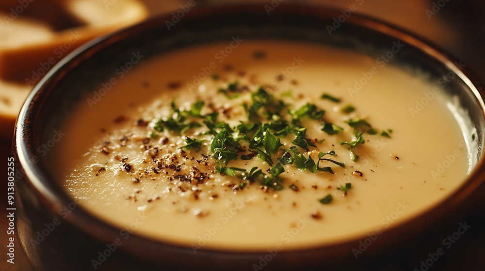 Soupy Food in Middle, Macro Shoot, Creamy Soup Soupy Food in Middle, Macro Shoot, Creamy Soup