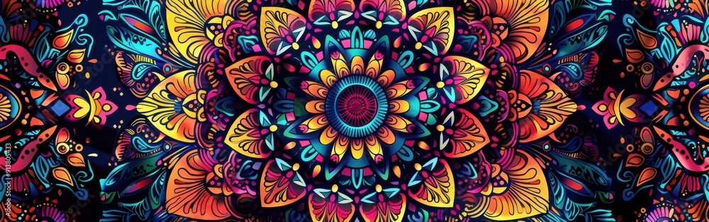 A vibrant and intricate mandala pattern featuring a central flower with multiple petals surrounded by smaller floral and geometric motifs. The colors are bright and bold, including shades of yellow, o