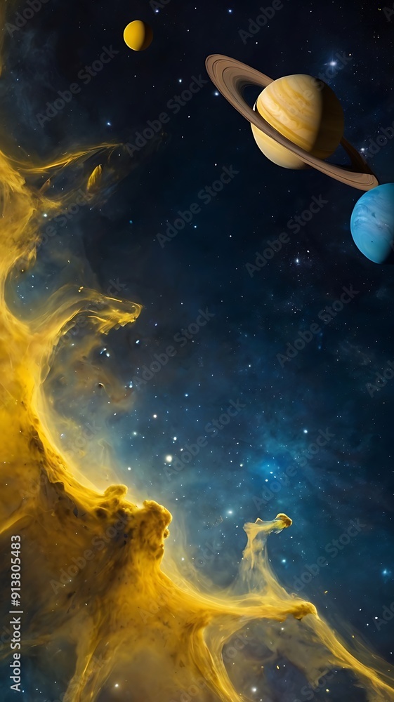 Naklejka premium Abstract background of space and galaxies with nebulas and interstellar clouds theme full of beauties. Suitable as phone wallpaper. AI Generated