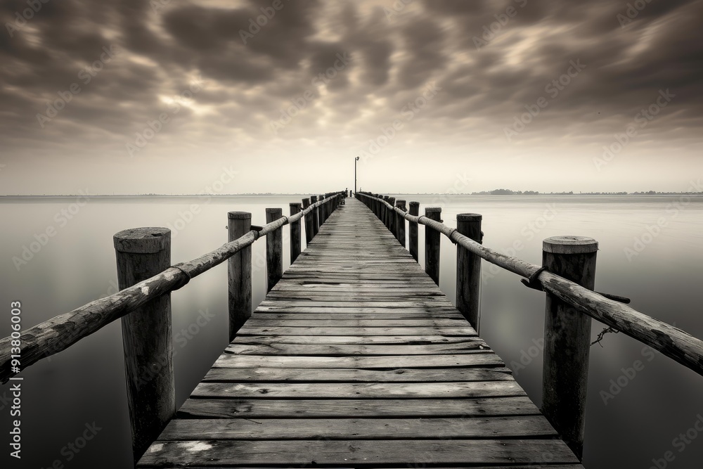 Fototapeta premium Long exposure of a tranquil wooden pier leading out into a peaceful, misty lake under a cloudy sky