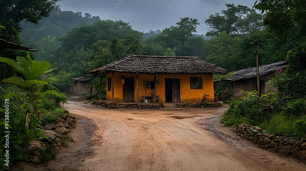 Rural house with thatched roof on dirt road. Rural house with thatched roof on dirt road.