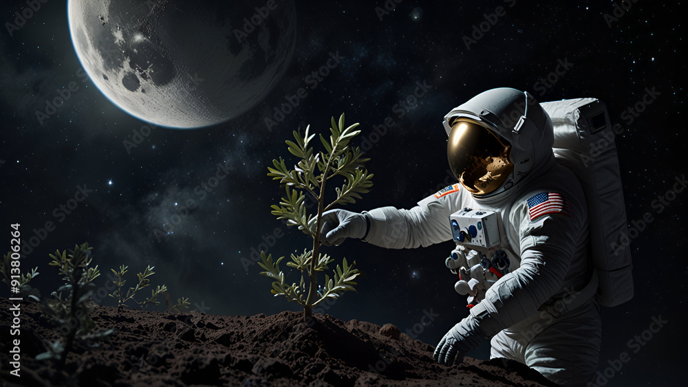 Fototapeta premium Astronaut Tends Olive Plant on the Moon: A Vision of Life Beyond Earth