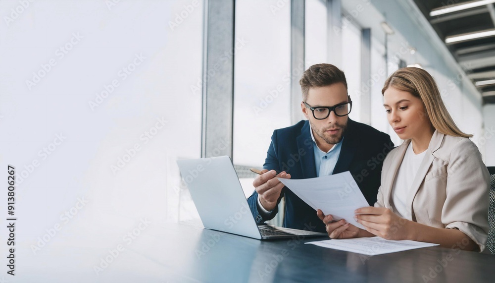 Two Colleagues Collaborate on Project Documents in Modern Office Space During Daytime Two Colleagues Collaborate on Project Documents in Modern Office Space During Daytime